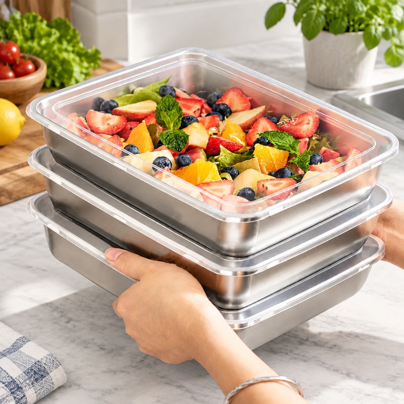 Kitchen Gadgets Organizer - 透明な蓋が付いた、3点セットのステンレス製食品保存容器。キッチンやアウトドアでのキャンプに最適な、液漏れ防止設計。